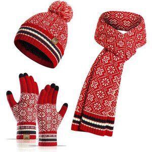 3Pcs Winter Hat Scarf and Touchcreen Gloves for Women, Red
